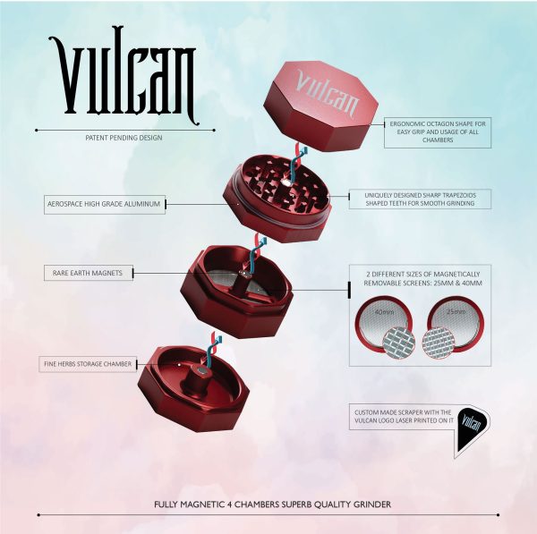 Vulcan 56mm Fully Magnetic 4pc Herb Grinder-Red - Image 2