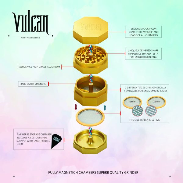 Vulcan 75mm Fully Magnetic 4pc Herb Grinder-Gold - Image 3