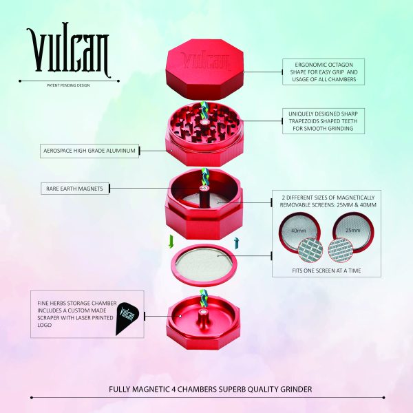 Vulcan 75mm Fully Magnetic 4pc Herb Grinder-Red - Image 4